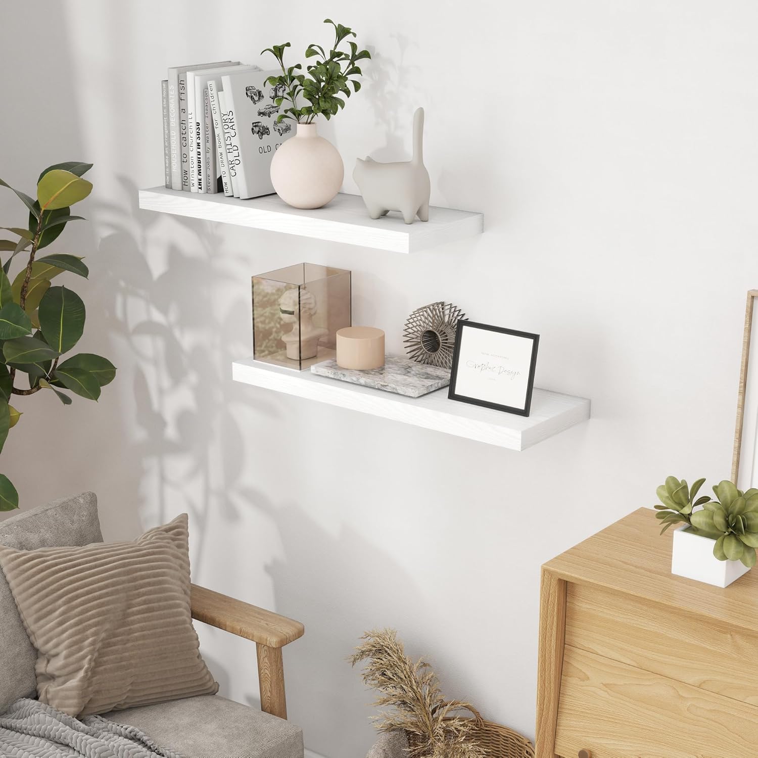 Fun Memories White Floating Shelves 32 Inch Long, 9 Inch Deep Floating Bookshelf Wall Mounted
