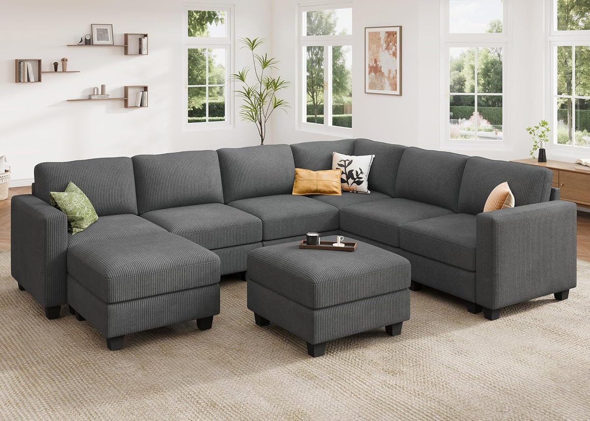 HONBAY Corduroy Sectional Couch with Storage U Shaped Sectional Sofa Modular Sectional Couches for