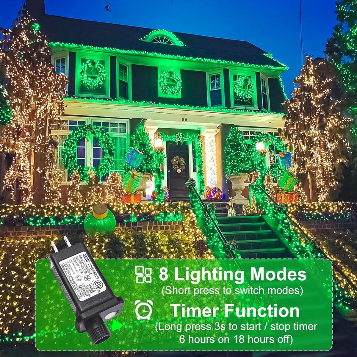 2 Pack Christmas Lights Outdoor, Total 200FT 600LED String Lights for Outside with 8 Modes
