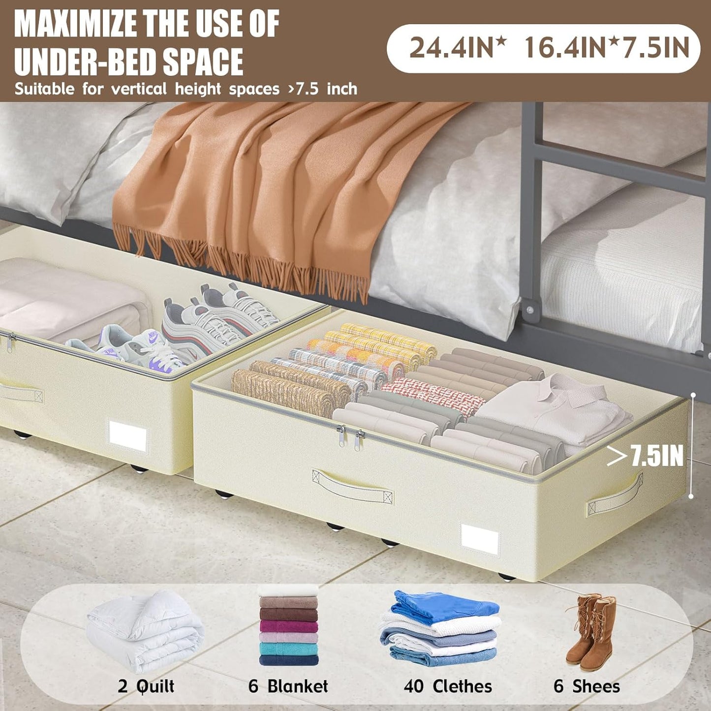 Under Bed Storage with Wheels, No Assemble Required 7.5 inches height Under Bed Storage bins,Large