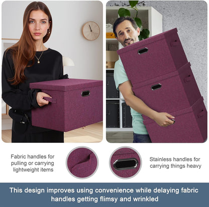 Large 17" 36 Quart Collapsible Stackable Storage Bins with Lids, 3 Packs Purple Linen Fabric Closet