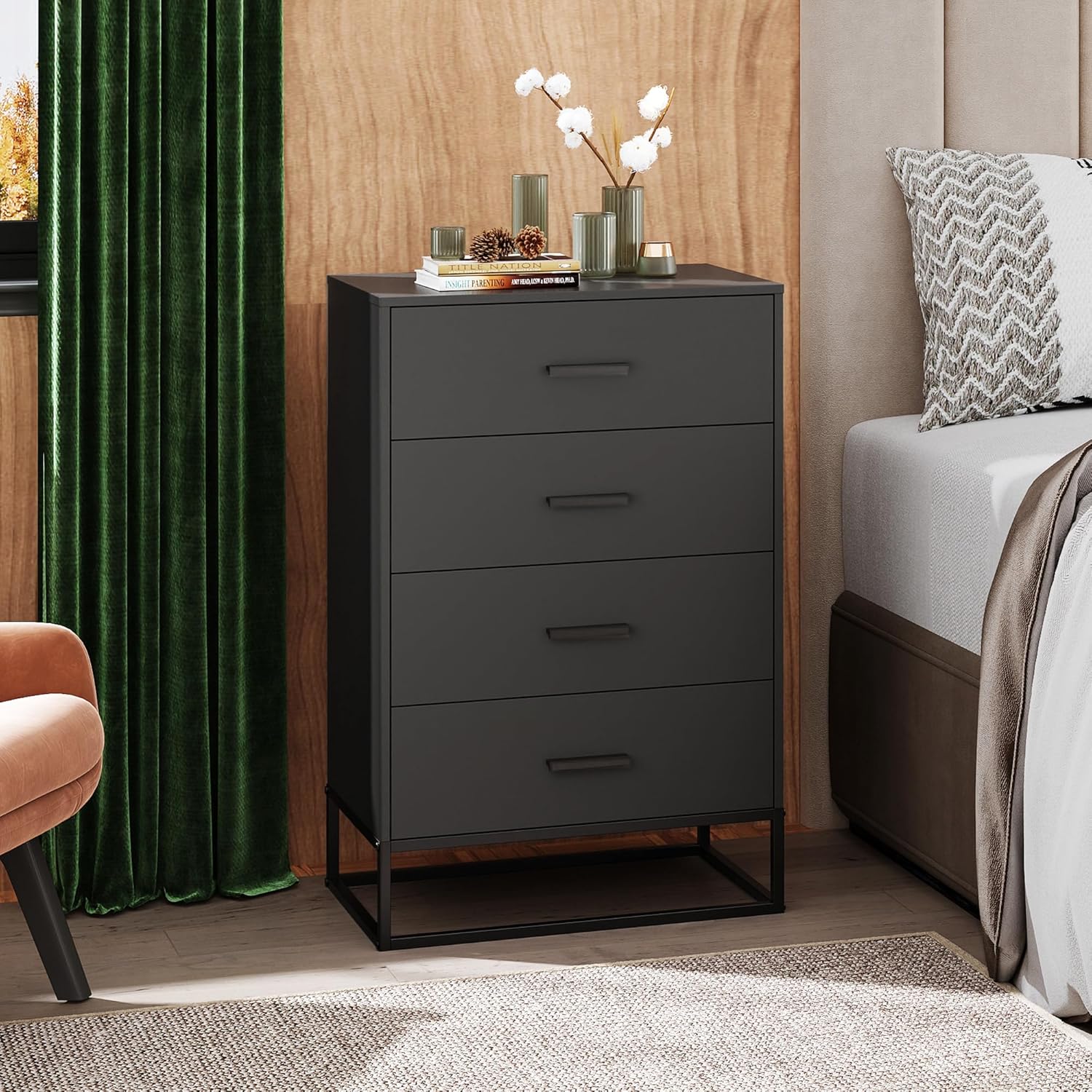 WLIVE Black Dresser for Bedroom with 4 Drawers, Tall Wood Dresser with Sturdy Metal Frame, Wooden