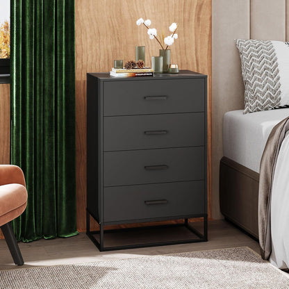 WLIVE Black Dresser for Bedroom with 4 Drawers, Tall Wood Dresser with Sturdy Metal Frame, Wooden
