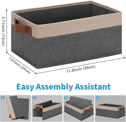 GhvyenntteS Small Fabric Storage Bins 6 Pack, 11.8" x 7.87" x 5.11" Storage Basket with Leather