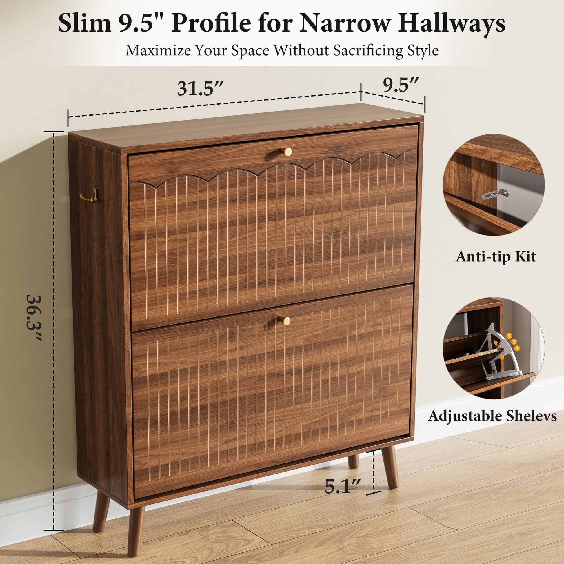 Nicetree Mid-Century Modern Slim Shoe Cabinet for Entryway, 9.5" Narrow Shoe Storage Cabinet with