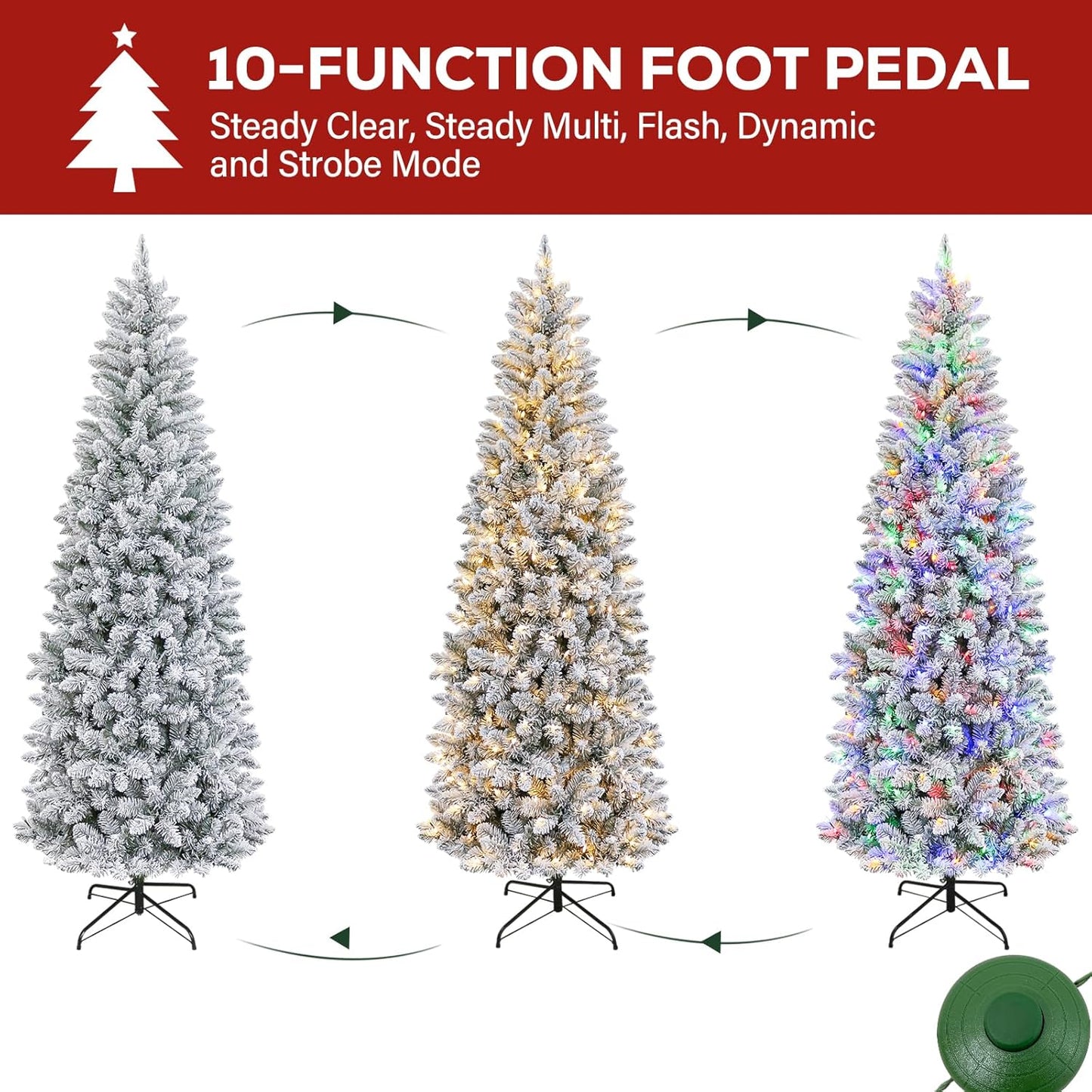 Hykolity 6 ft Prelit Snow Flocked Pencil Slim Christmas Tree, 544 PVC Branch Tips, 200 Color