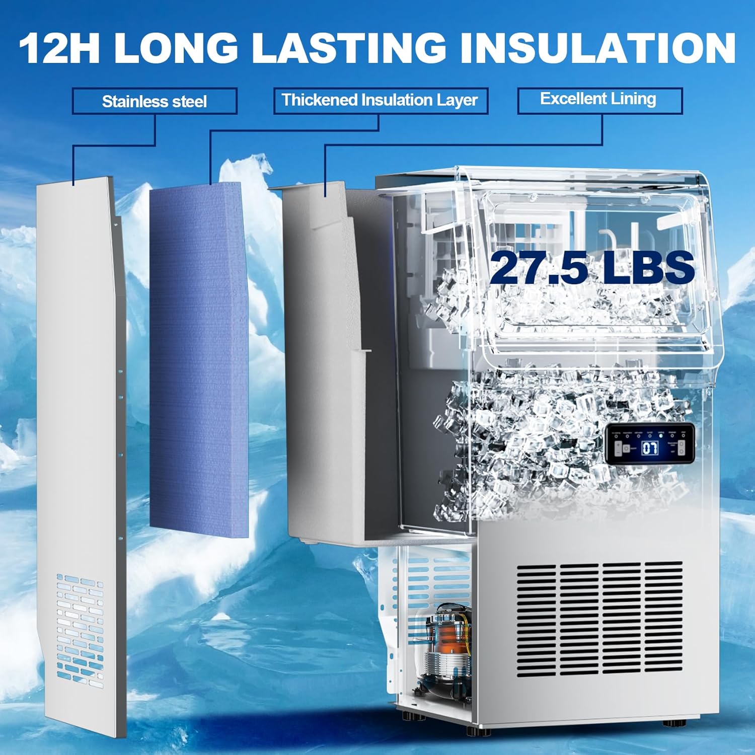 Ice Maker Commercial Ice Machine, 120lbs Per Day, Auto-Cleaning, Countertop Ice Maker with Basket