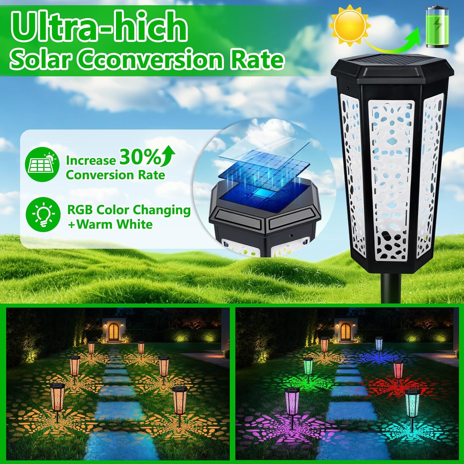 Solar Pathway Landscape Lights 4 Pack, RGB Color Changing+Warm White Outdoor Waterproof Solar Yard
