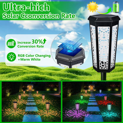 Solar Pathway Landscape Lights 4 Pack, RGB Color Changing+Warm White Outdoor Waterproof Solar Yard