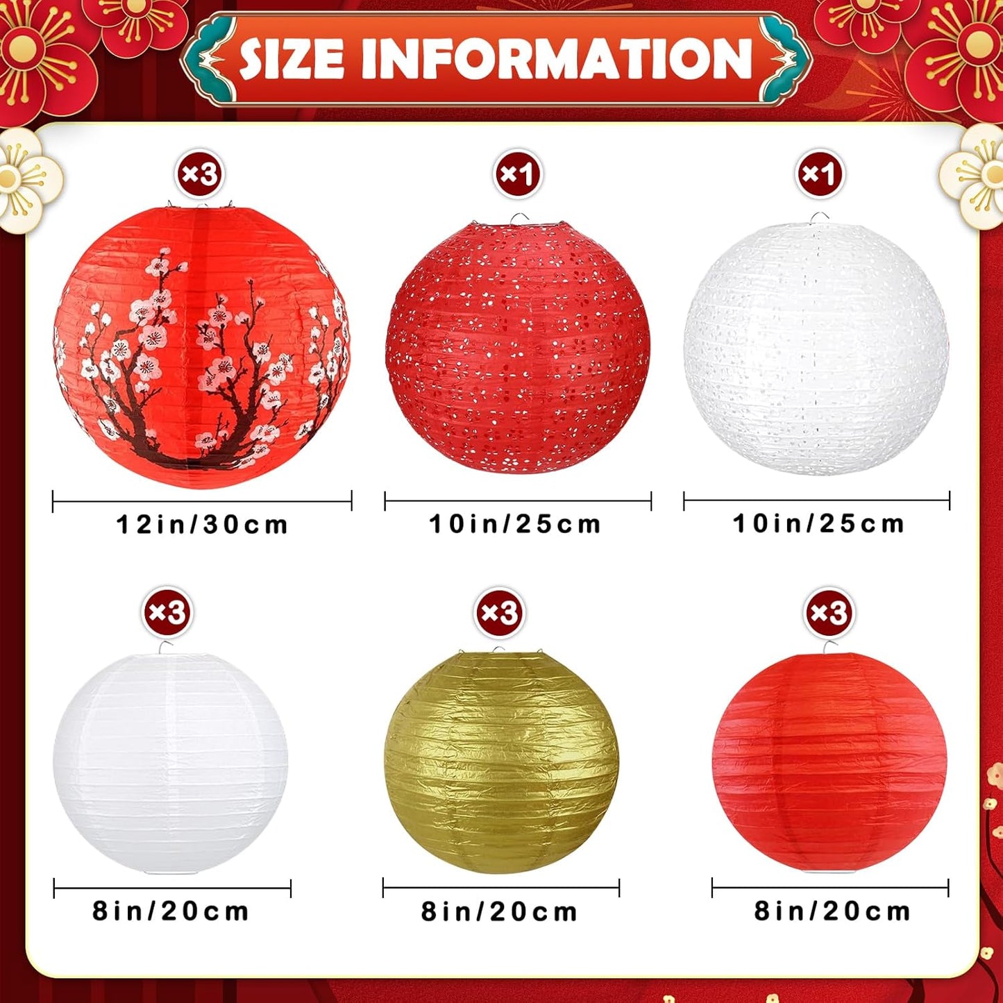 14Pcs Chinese Japanese Paper Lantern Assorted Sizes (8" 10" 12") Hanging Plum Blossom Red White