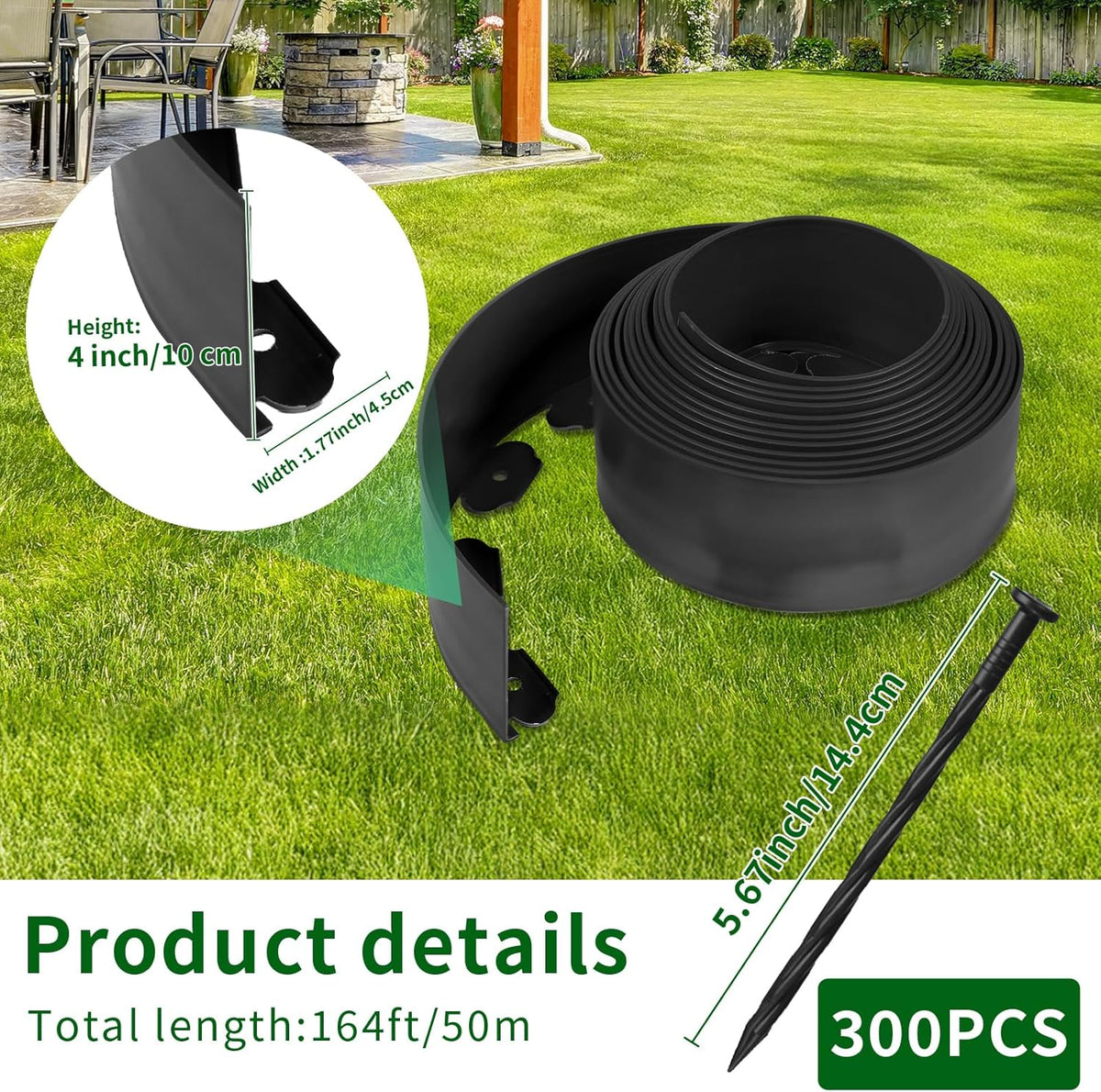 4 in x 164 Ft Garden Landscape Edging, No Dig Garden Edging Border Kit with 300 Pcs Spikes for