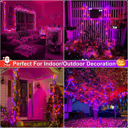 Purple Orange Halloween Lights Outdoor, 66FT 200 LED String Lights for Outside with 8 Modes