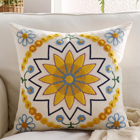 Embroidered Throw Pillow Cover 18x18 Classic Boho Floral Pattern Pillows Cover Outdoor Decorative