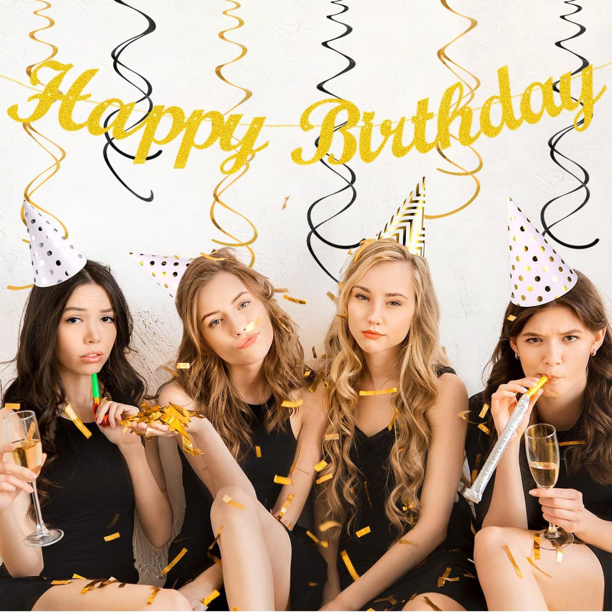 Black Gold Women-Men Birthday Party-decorations - 21pcs Happy Banner,Paper Streamers Lanterns
