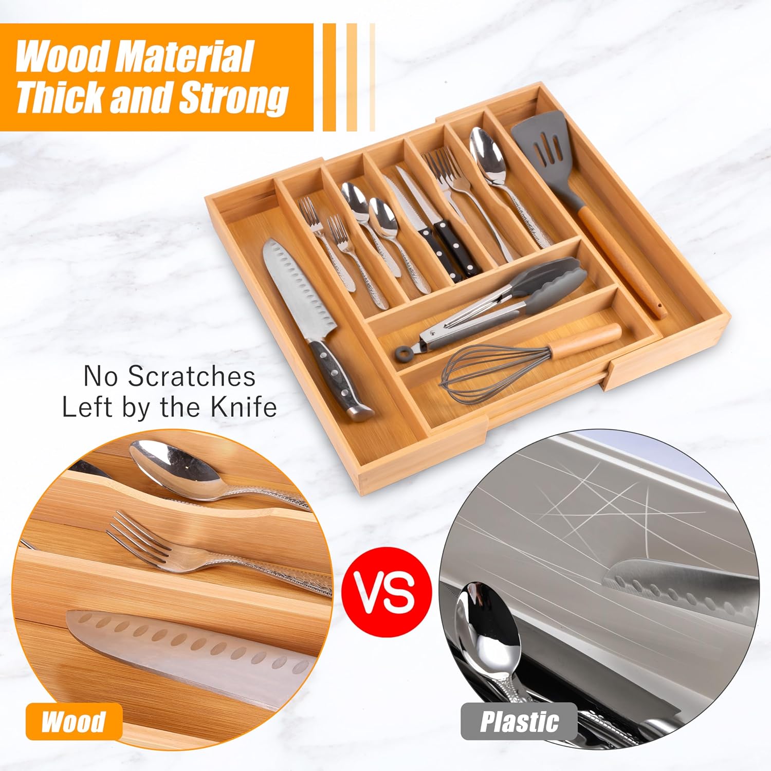 Bellsal Large Premium Bamboo Silverware Organizer - Expandable Utensil Drawer Organizer - 17"x19.6"
