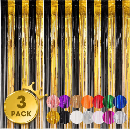 3 Pack 3.3x8.2 Feet Black and Gold Foil Fringe Backdrop Curtains, Tinsel Streamers Birthday Party