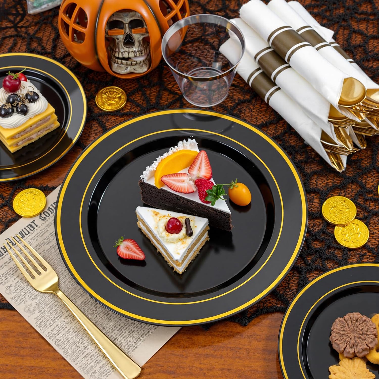 175PCS Black and Gold Plates - Black Disposable Plates for Party - 25Guests Disposable Dinnerware