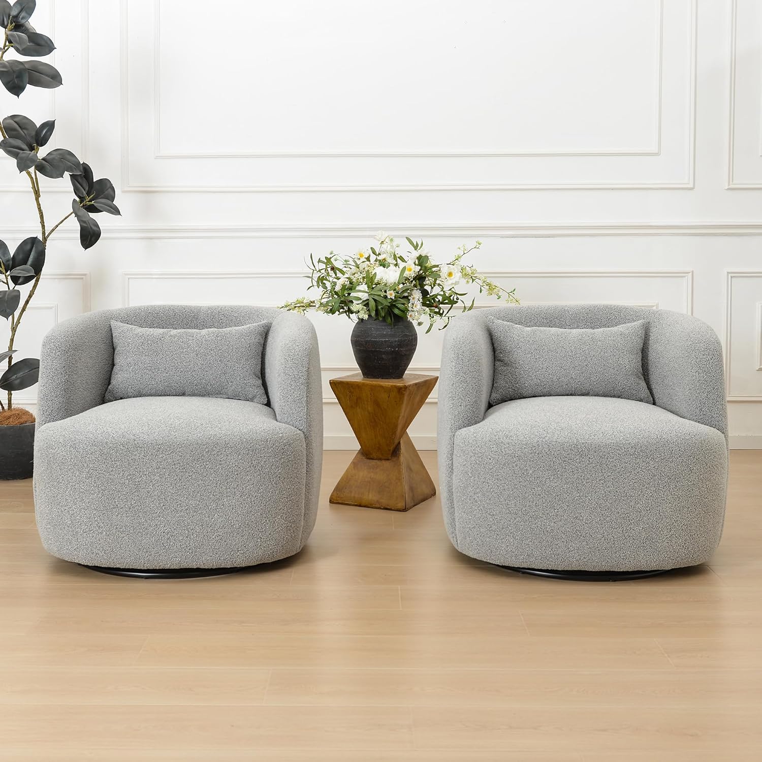 KINWELL 34" Wide Sherpa Swivel Barrel Chairs Set of 2, No Assembly Round Boucle Upholstered Accent