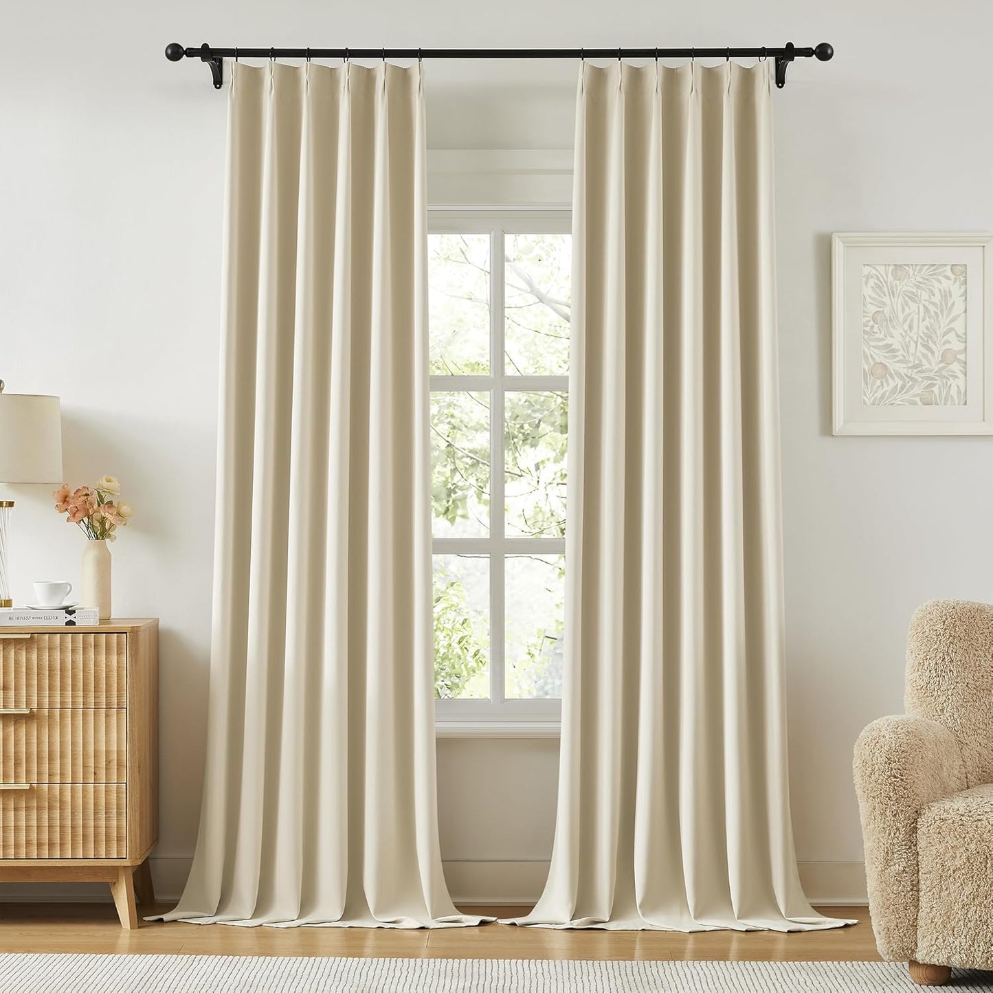 KangBang Cream Beige Curtains 102 Inches Long 2 Panels Set, 60 Inch Wide Pinch Pleated Blackout