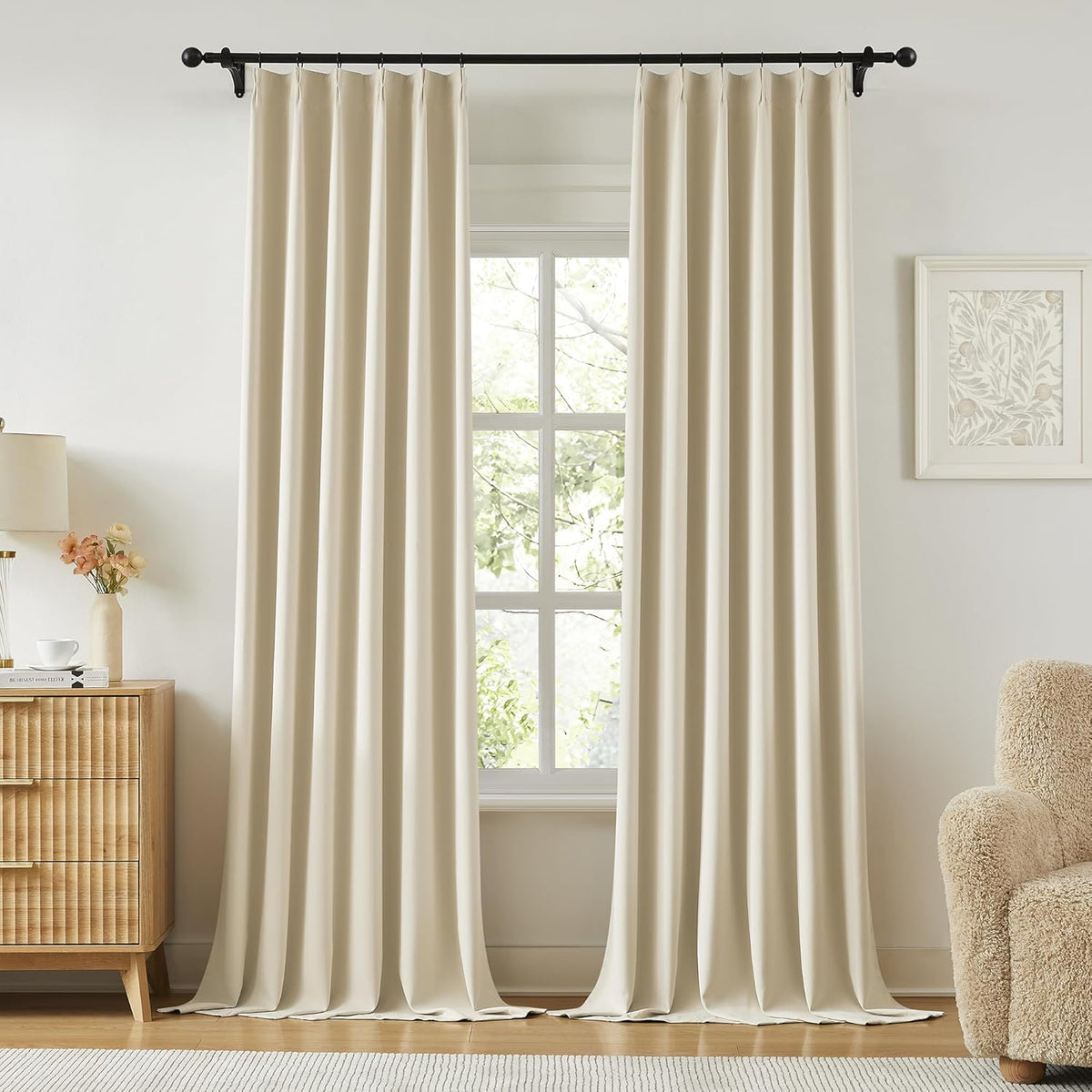 KangBang Pinch Pleated Curtains 102 Inches Long for Living Room, Soft Cream Room Darkening Drapes