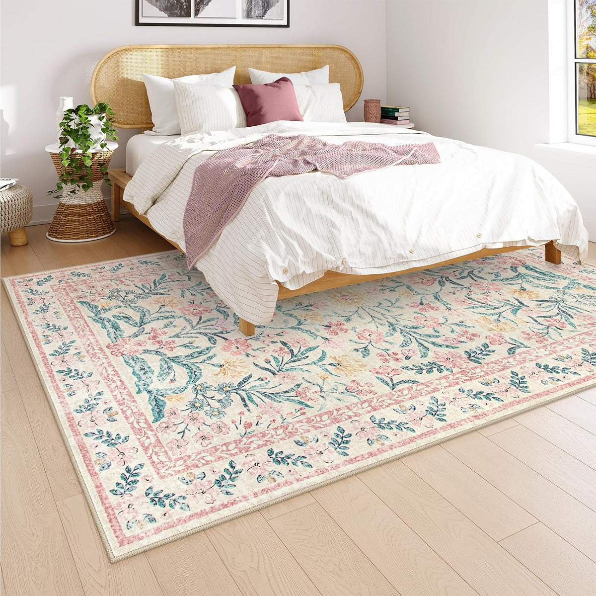 Wonnitar Machine Washable 5x7 Nursery Rug, Pink Rugs for Bedroom Girls, Boho Soft Floral Carpet Non