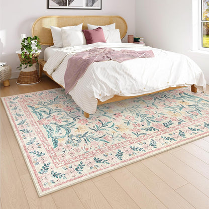 Wonnitar Machine Washable 5x7 Nursery Rug, Pink Rugs for Bedroom Girls, Boho Soft Floral Carpet Non