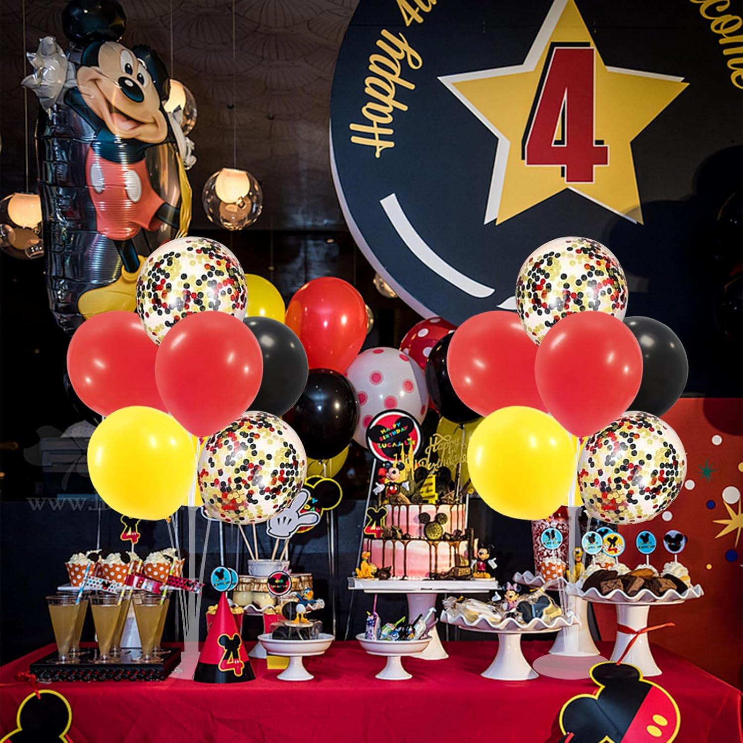 Red Yellow and Black Balloon Stand Centerpiece Table Decorations for Mouse Birthday Movie Night