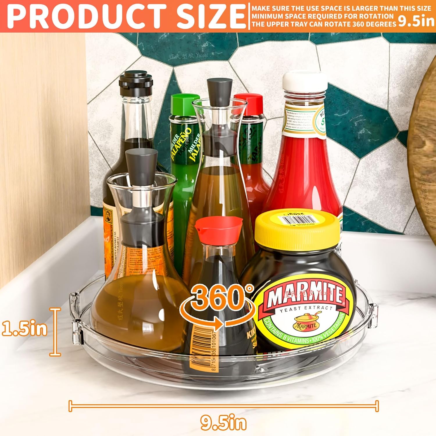 9.5" W Acrylic Clear Lazy Susan Turntable for Cabinet,Kitchen Countertop,Refrigerator and Pantry
