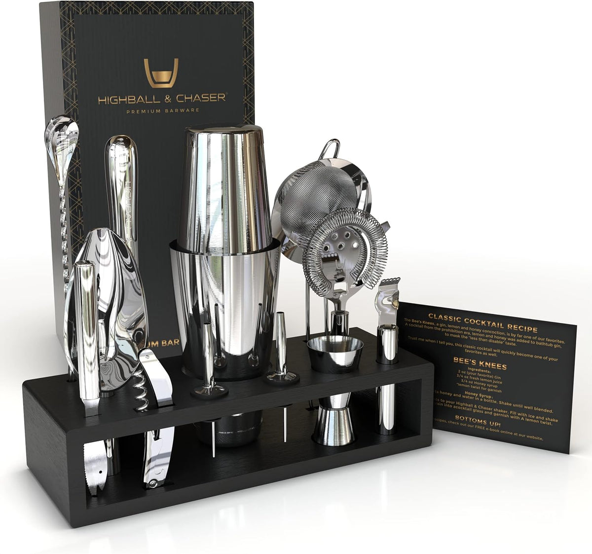 Highball & Chaser 13-Piece Boston Cocktail Shaker Set Stainless Steel Mixology Bartender Kit With