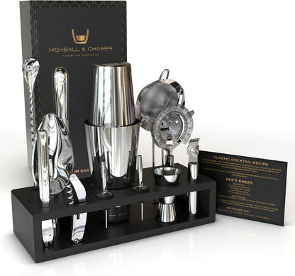 Highball & Chaser 13-Piece Boston Cocktail Shaker Set Stainless Steel Mixology Bartender Kit With