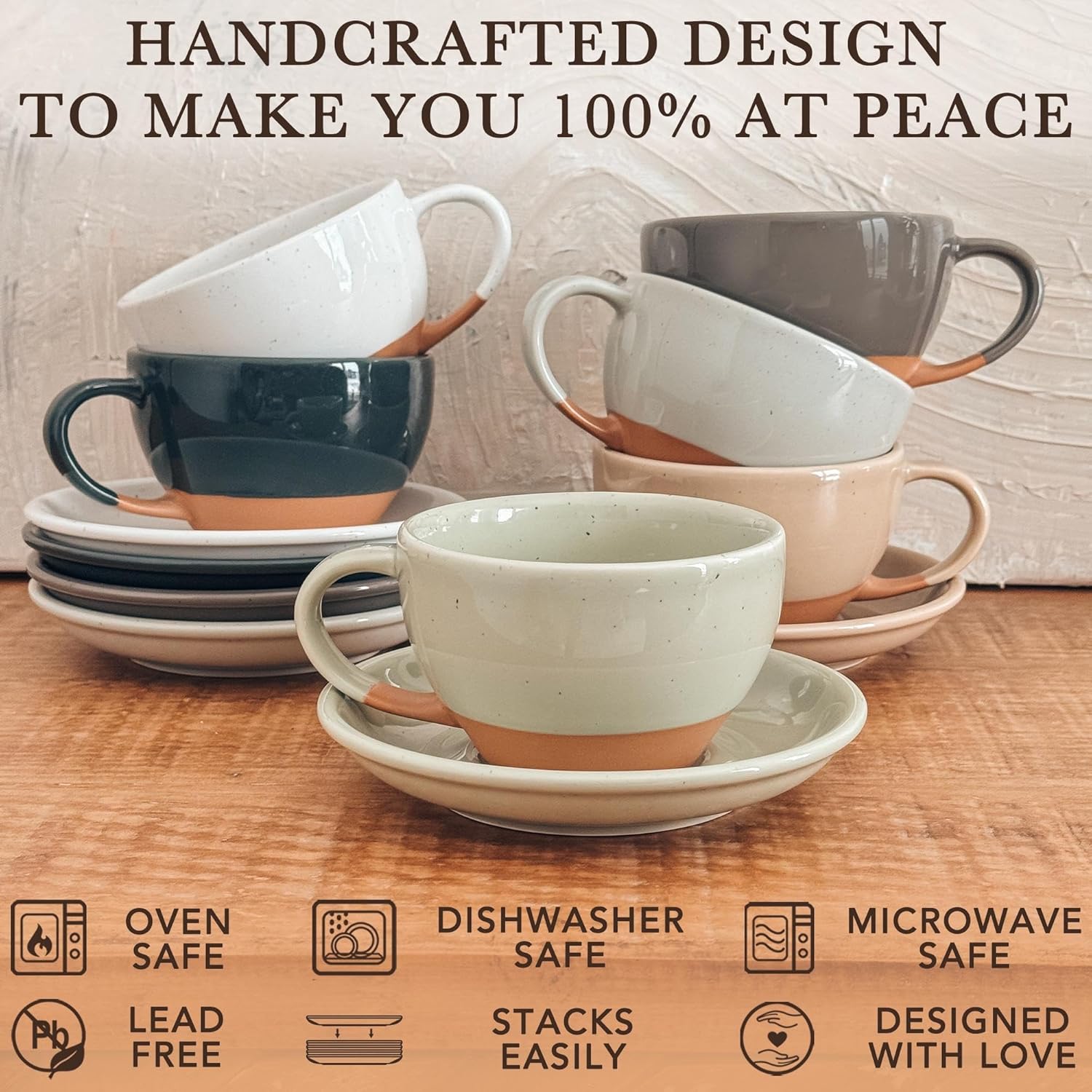 Mora Ceramic Latte Art Mug With Saucer - 10.5 oz, Round Bottom For Perfect Pours - Cafe Cups for