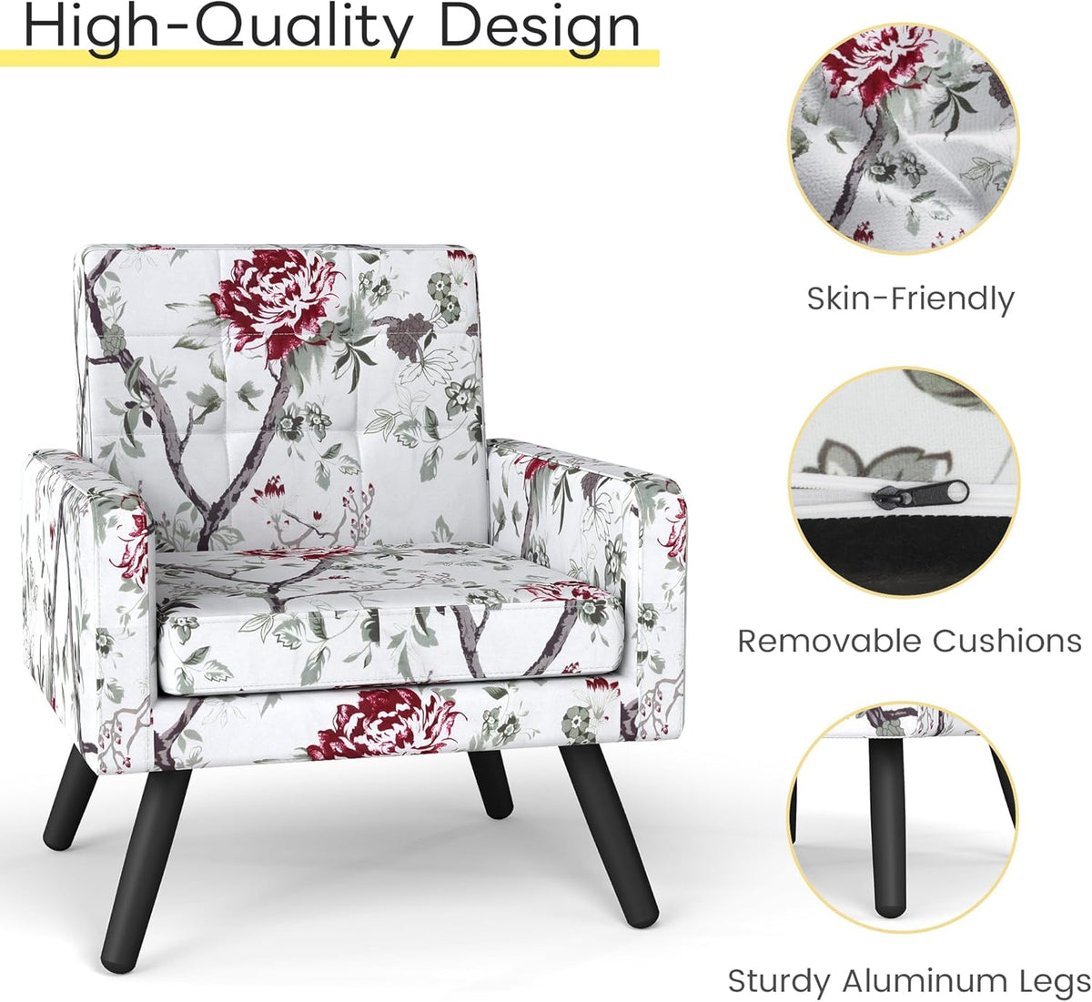Kromax Mid-Century Modern Accent Chair for Living Room, 496 Lb. Weight Capacity, Dual Armrests