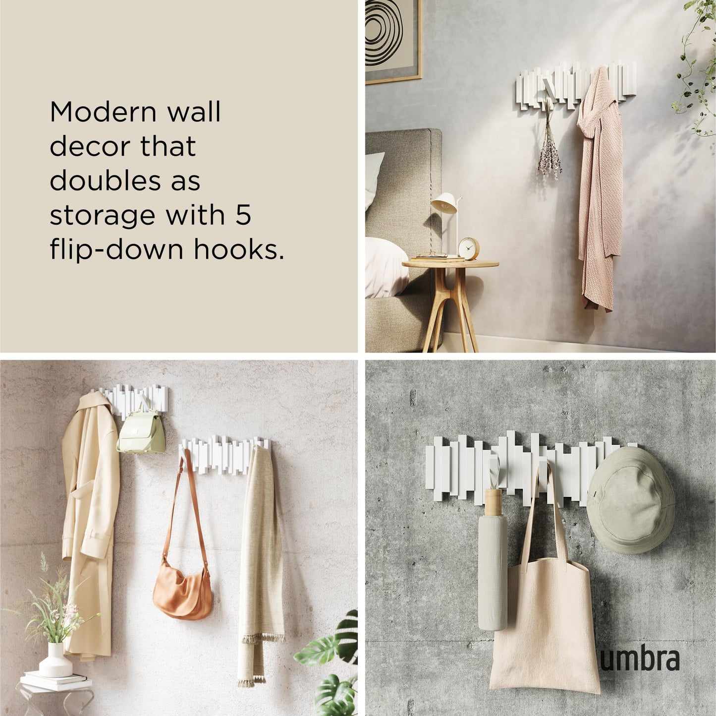 Umbra Sticks Wall Mount Coat Rack, 5 Hook Retractable Pegs, White