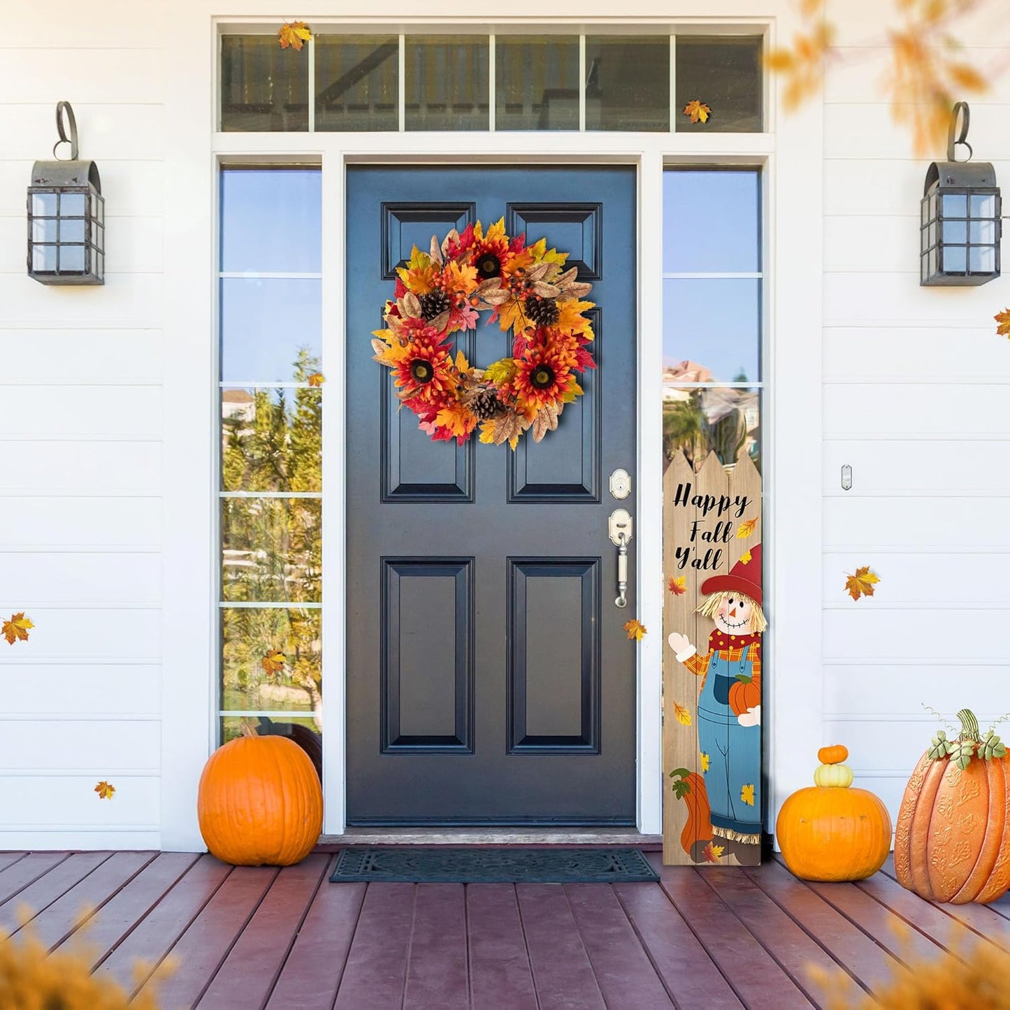 Glitzhome 24''D Fall Wreath with Hanger, Artificial Autumn Wreath for Front Door with Sunflower
