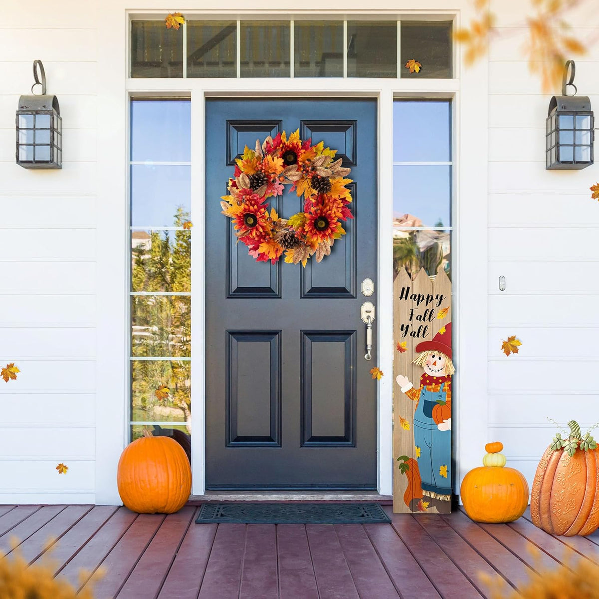 Glitzhome 24''D Fall Wreath with Hanger, Artificial Autumn Wreath for Front Door with Sunflower