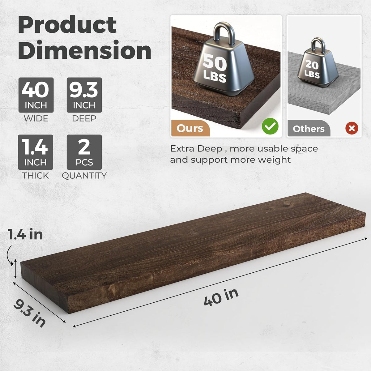 RICHFOCUS Elm Floating Shelves for Wall - 40" W x 9.3" D Rustic Solid Wood Shelves with Invisible