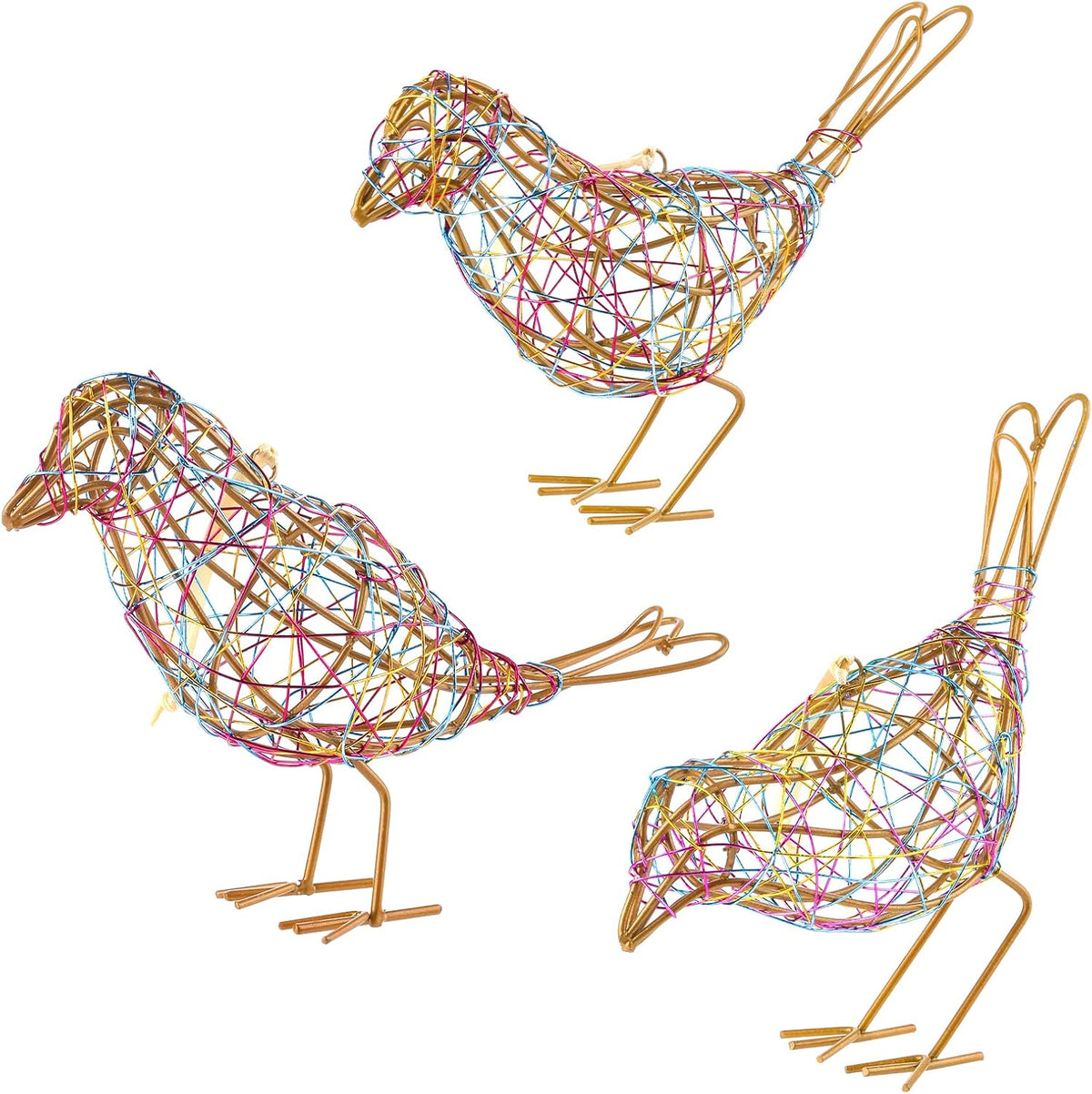 Modern Table Decor Set of 3 - Handmade Metal Bird Sculptures with Colorful Wire Weaving, Multi-Pose