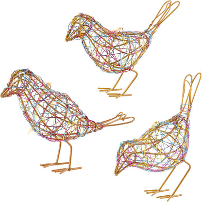 Modern Table Decor Set of 3 - Handmade Metal Bird Sculptures with Colorful Wire Weaving, Multi-Pose