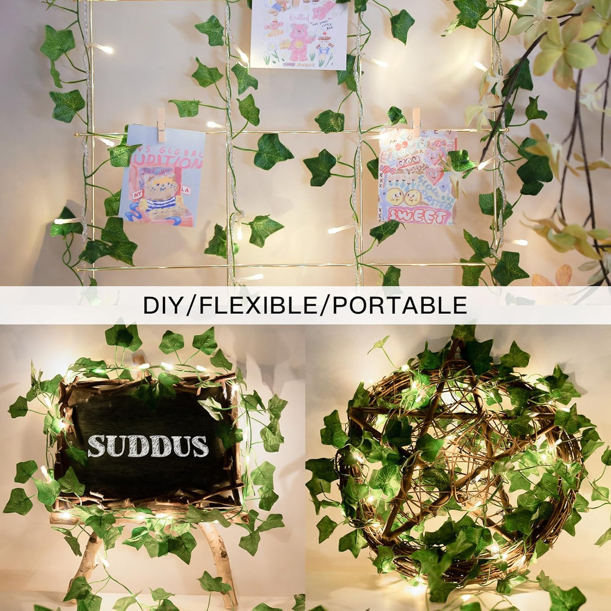 suddus Vine with Fairy Lights Plug in, 33ft 100 LED Ivy String Lights Connectable with Remote, Leaf