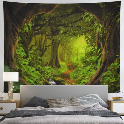 Tushelia Forest Nature Tree Cave Wall Hanging - Misty Forest Stream Through Rainforest Landscape