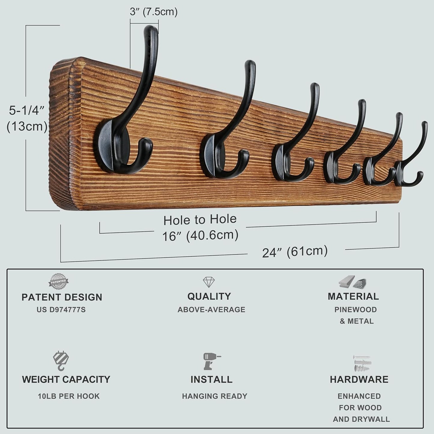 Dseap Wall Mounted Coat Rack: 24" Long, Patented, Heavy-Duty, 6-Double-Hooks Wooden Hanger Rail for