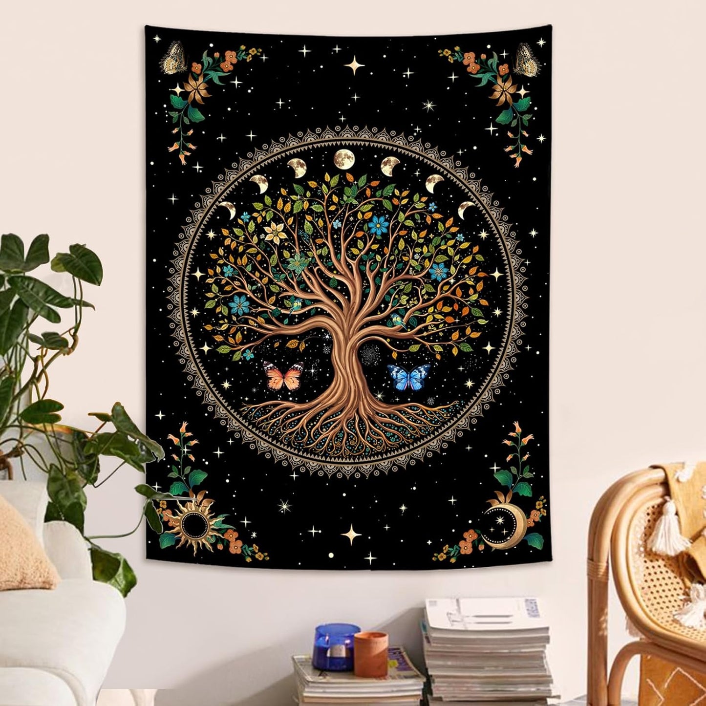 Lunerfex Tree of Life Tapestry Moon Phase Wall Tapestry, Green Tapestries for Bedroom Ceiling