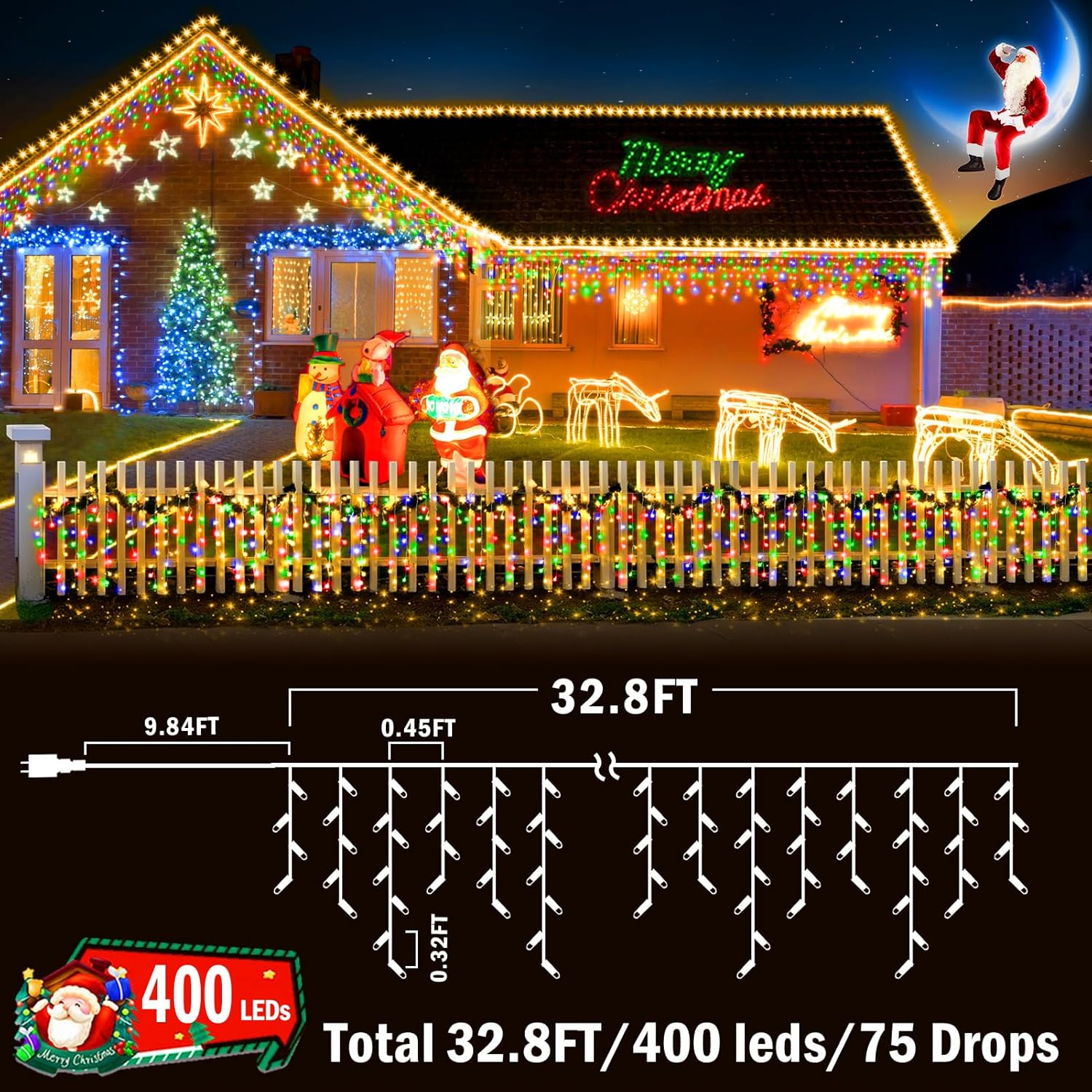 KNONEW Christmas Lights Outdoor Decorations 400 LED 33ft 8 Modes Curtain Fairy String Light with 75