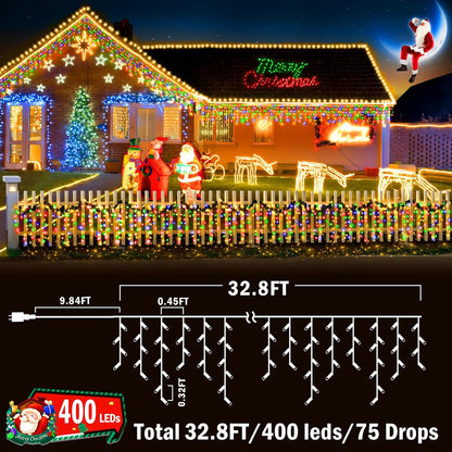 KNONEW Christmas Lights Outdoor Decorations 400 LED 33ft 8 Modes Curtain Fairy String Light with 75
