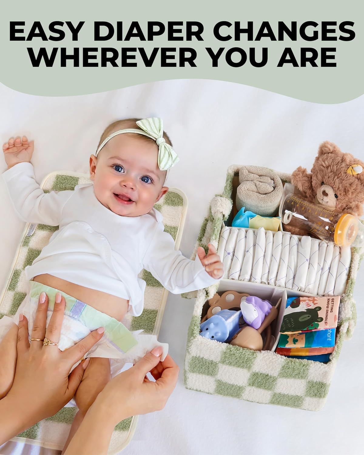 Checkered Diaper Caddy Organizer with Portable Changing Mat - Teddy Fleece Diaper Organizer for