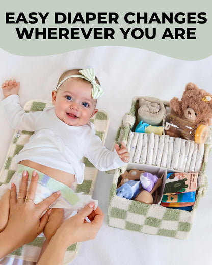 Checkered Diaper Caddy Organizer with Portable Changing Mat - Teddy Fleece Diaper Organizer for