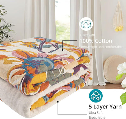 Boho Throw Blanket for Bed - 100% Pure Cotton Ultra Soft Rustic Quilt - Farmhouse Decor Bed