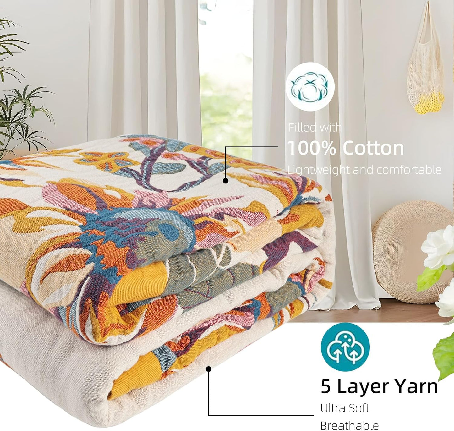 Boho Throw Blanket for Bed - 100% Pure Cotton Ultra Soft Rustic Quilt - Farmhouse Decor Bed