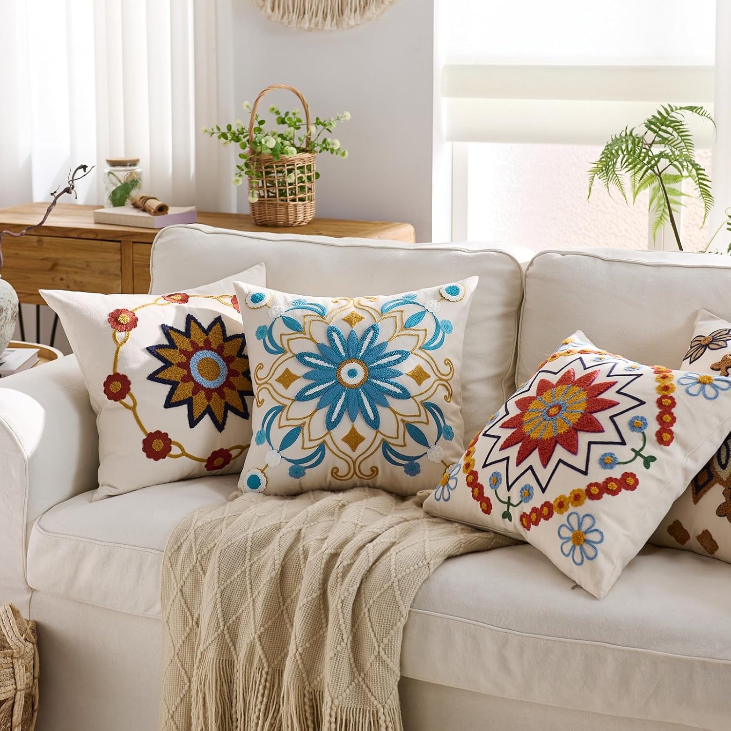 Embroidered Throw Pillow Cover 18x18 Classic Boho Floral Pattern Pillows Cover Outdoor Decorative