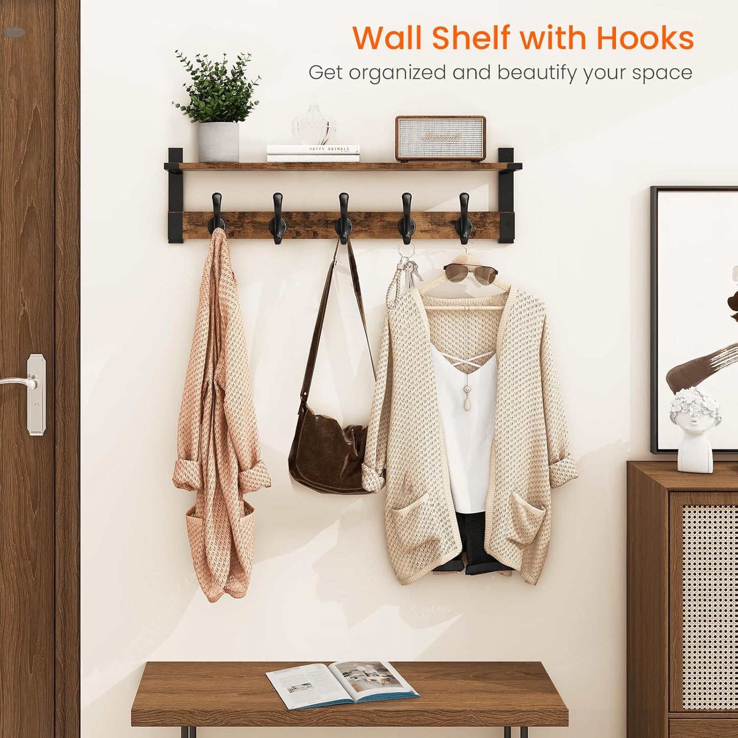 Homode Coat Rack Wall Mount, 29 Inch Long Shelf with Hooks, Wood Entryway Shelf with 5 Hangers for